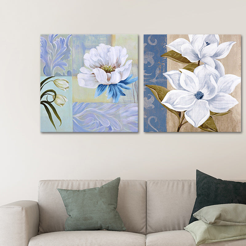 Flower Blossom Painting Canvas Blue and White Modernist Wall Art Set for House Interior