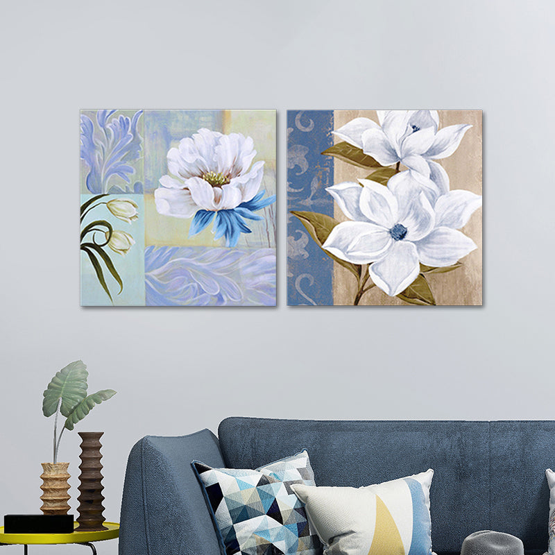 Flower Blossom Painting Canvas Blue and White Modernist Wall Art Set for House Interior