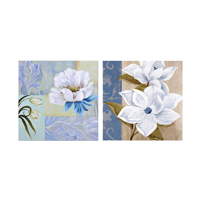 Flower Blossom Painting Canvas Blue and White Modernist Wall Art Set for House Interior