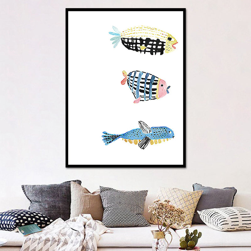 Fish Drawing Wall Decor Textured Childrens Art Dining Room Canvas Print in White