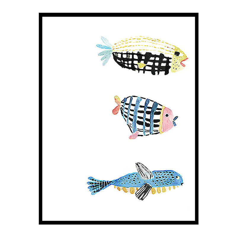 Fish Drawing Wall Decor Textured Childrens Art Dining Room Canvas Print in White