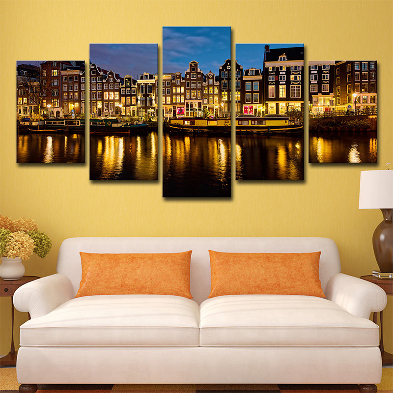 Multi-Piece Night Amsterdam Canal Art Print Canvas Global Inspired Wall Decor for Foyer