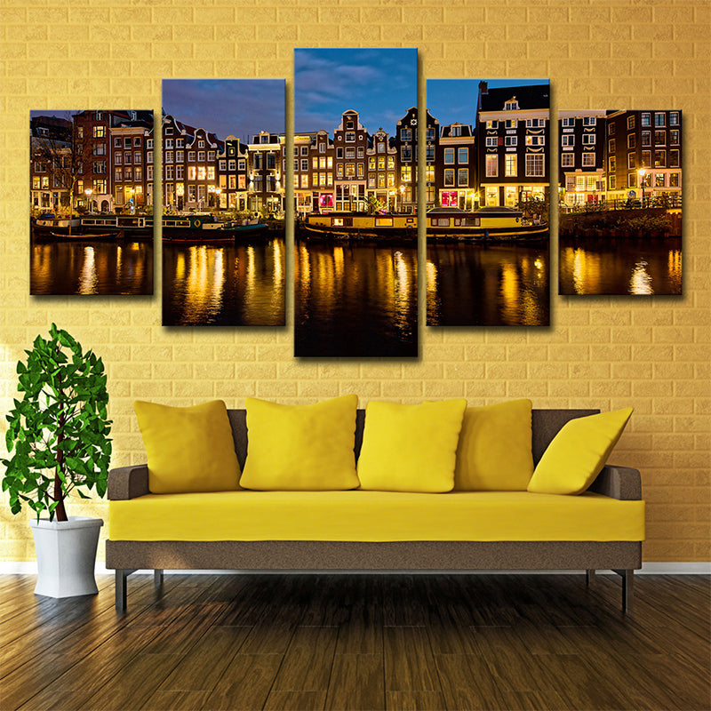 Multi-Piece Night Amsterdam Canal Art Print Canvas Global Inspired Wall Decor for Foyer