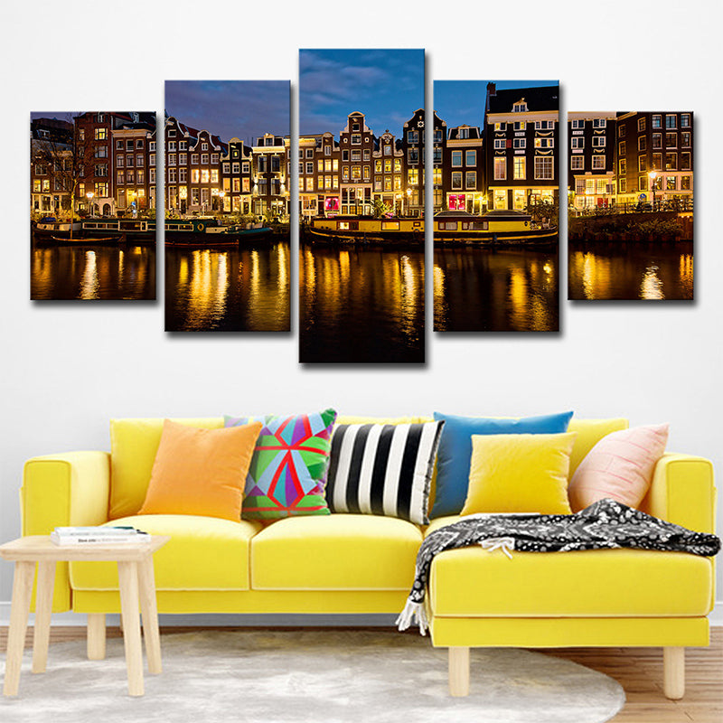 Multi-Piece Night Amsterdam Canal Art Print Canvas Global Inspired Wall Decor for Foyer