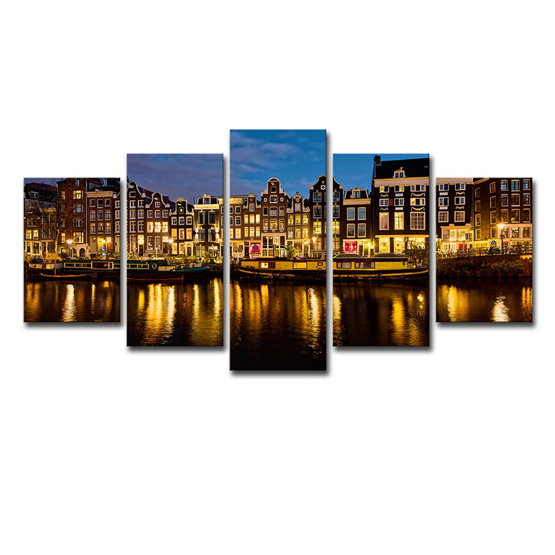 Multi-Piece Night Amsterdam Canal Art Print Canvas Global Inspired Wall Decor for Foyer