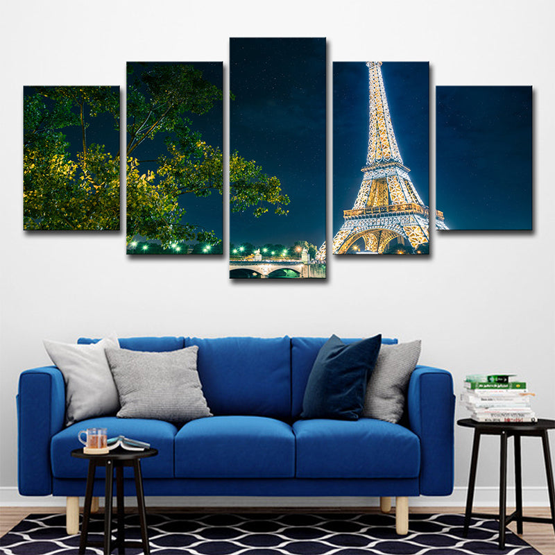 Global Inspired Canvas Wall Art Green Tree and Eiffel Tower at Night Wall Decor for Home