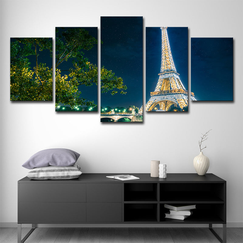 Global Inspired Canvas Wall Art Green Tree and Eiffel Tower at Night Wall Decor for Home