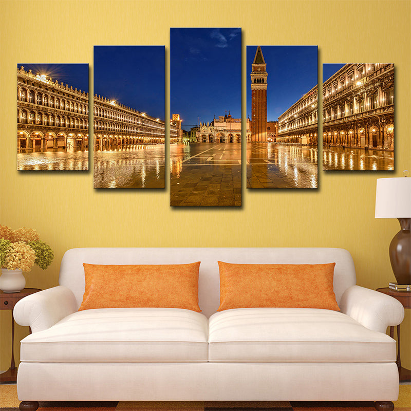 Piazza San Marco Night Canvas Print Global Inspired Multi-Piece Wall Art Decor in Gold