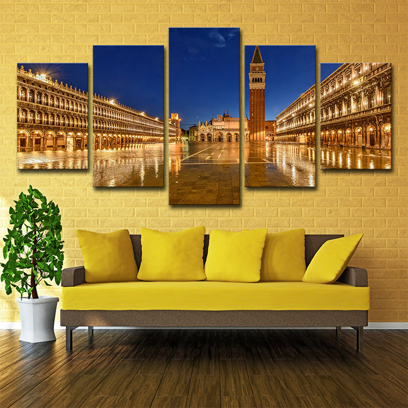 Piazza San Marco Night Canvas Print Global Inspired Multi-Piece Wall Art Decor in Gold