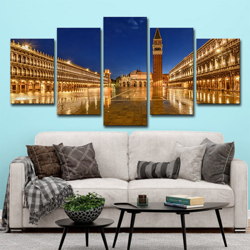 Piazza San Marco Night Canvas Print Global Inspired Multi-Piece Wall Art Decor in Gold