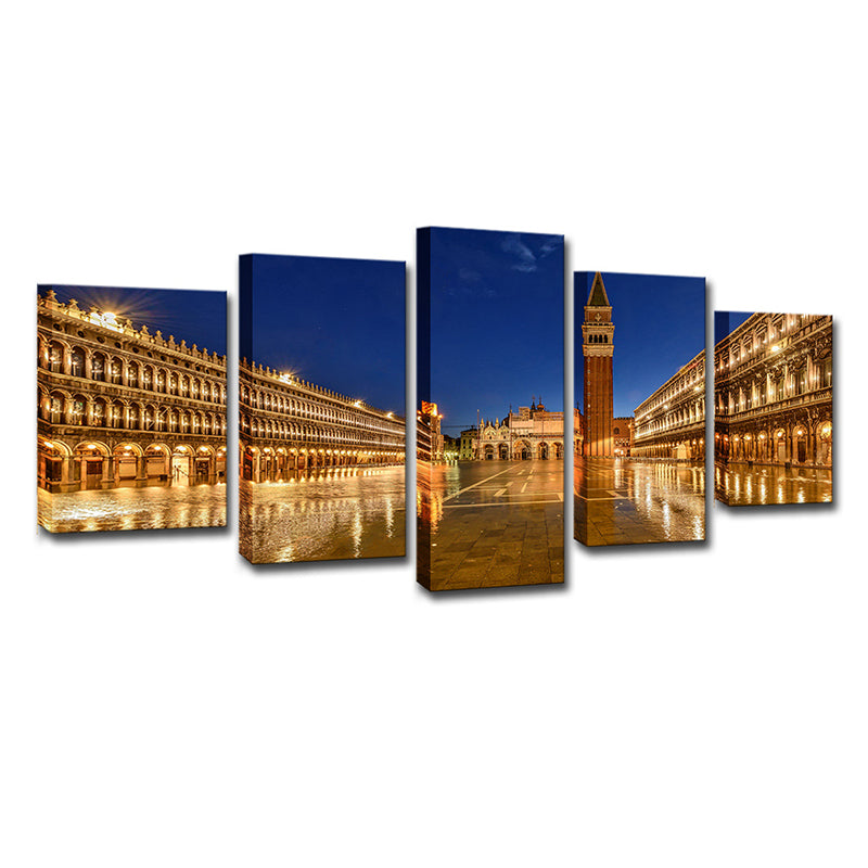 Piazza San Marco Night Canvas Print Global Inspired Multi-Piece Wall Art Decor in Gold