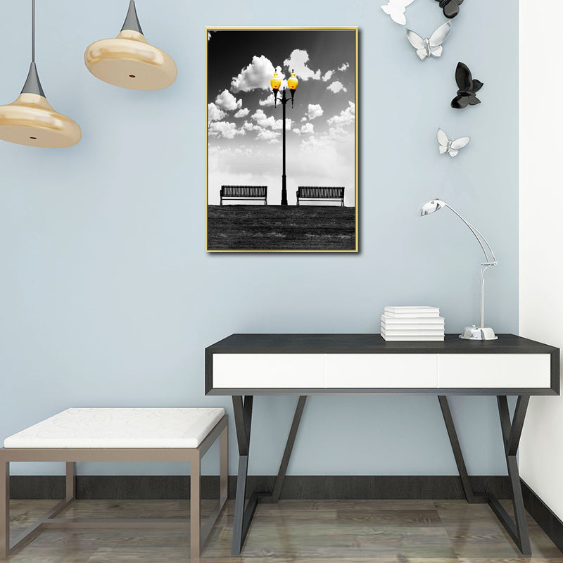 Nostalgic Street Lamp Wall Art Decor for Hallway Still Life Canvas Print in Black-White