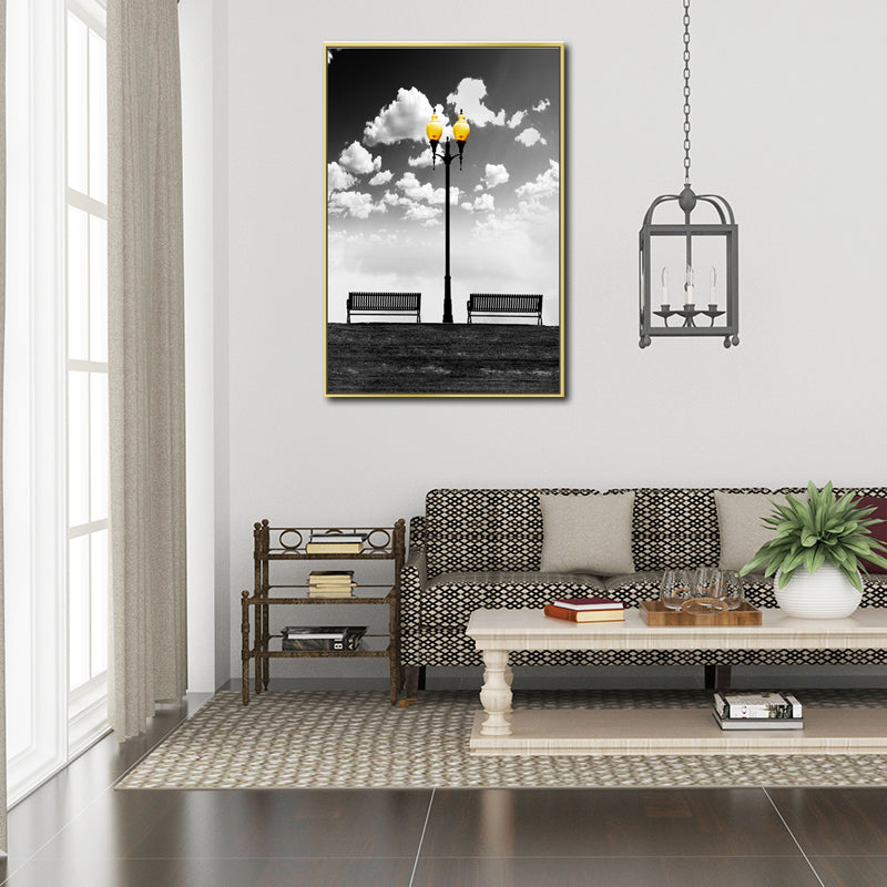 Nostalgic Street Lamp Wall Art Decor for Hallway Still Life Canvas Print in Black-White