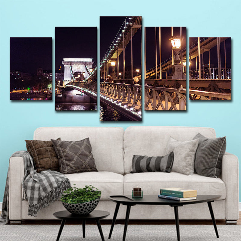 Black Szechenyi Chain Bridge Canvas Art Night Scenery Modern Multi-Piece Wall Decor