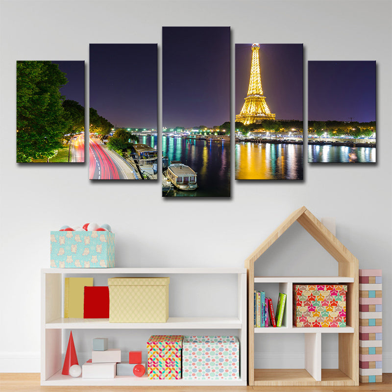 Canvas Green Wall Decor Global Inspired Riverside Eiffel Tower Night Scene Art Print