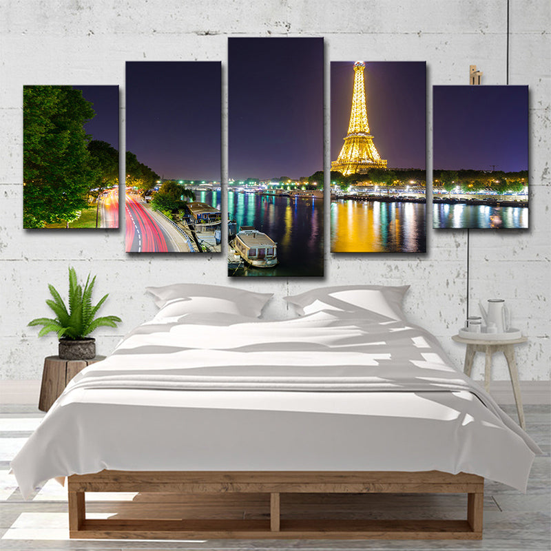 Canvas Green Wall Decor Global Inspired Riverside Eiffel Tower Night Scene Art Print