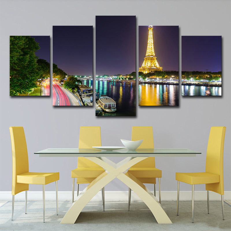 Canvas Green Wall Decor Global Inspired Riverside Eiffel Tower Night Scene Art Print