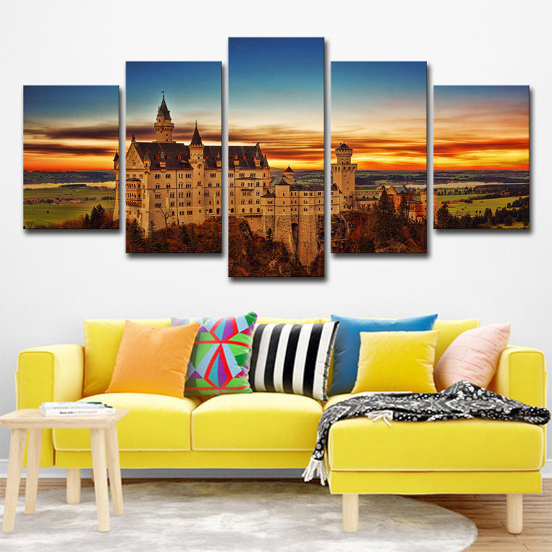 Schwanstein Castle Sunset Landscape Art Print Global Inspired Canvas Wall Decor in Orange