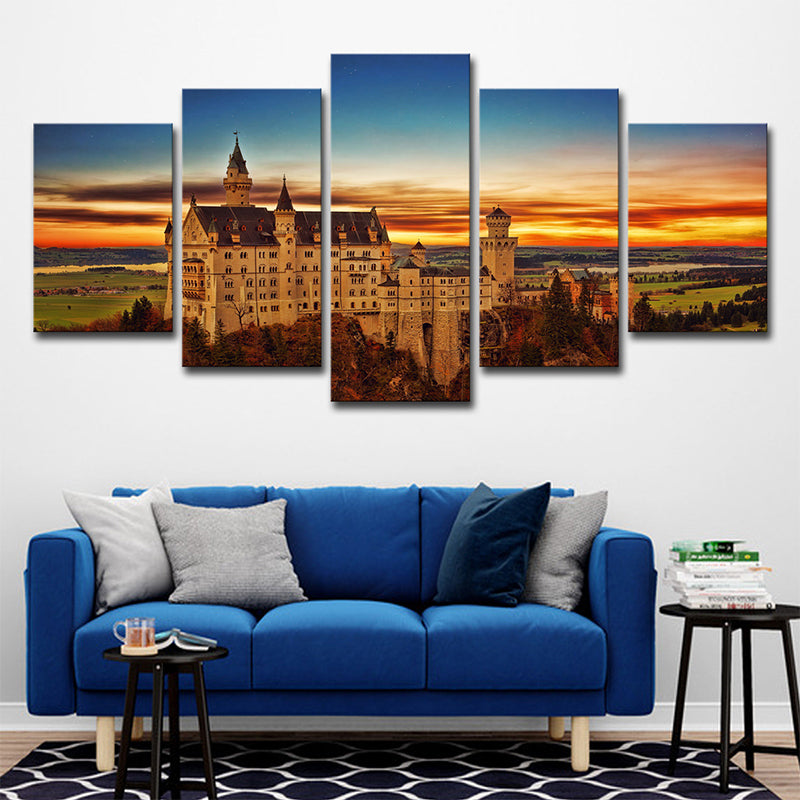 Schwanstein Castle Sunset Landscape Art Print Global Inspired Canvas Wall Decor in Orange