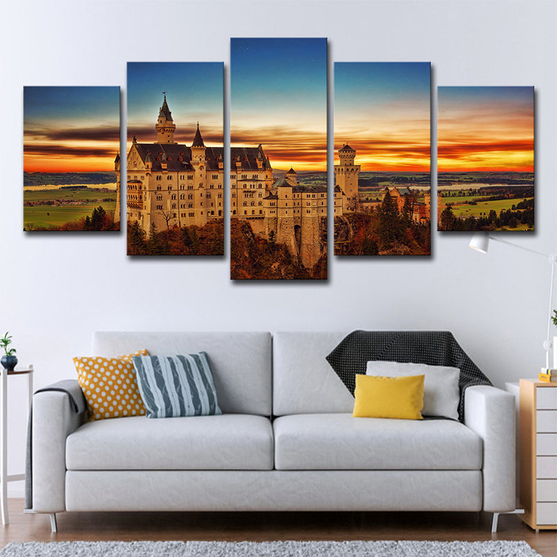 Schwanstein Castle Sunset Landscape Art Print Global Inspired Canvas Wall Decor in Orange