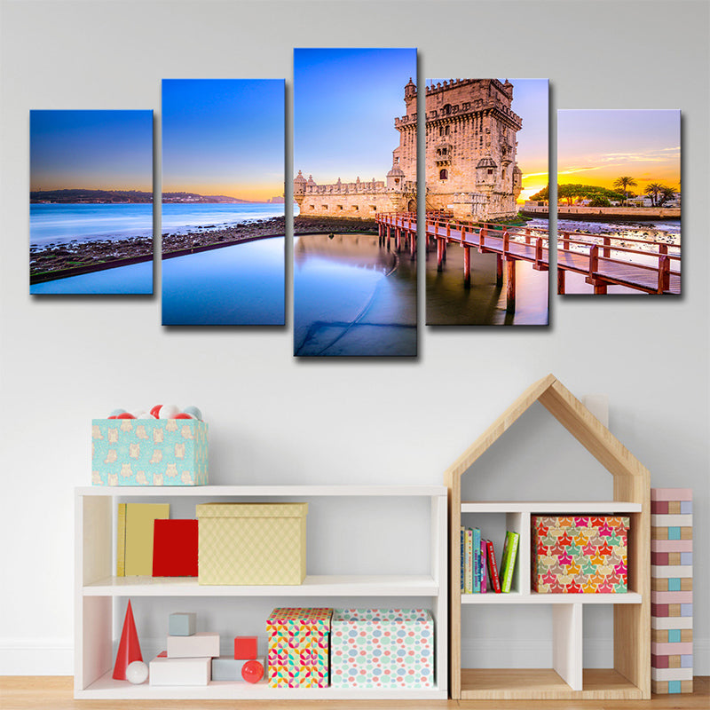 Belem Tower Scenery Wall Decor in Blue Canvas Art Print for Bedroom, Multi-Piece