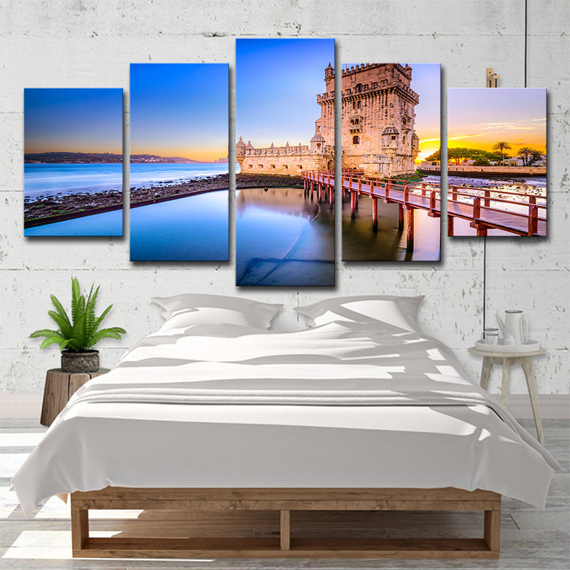 Belem Tower Scenery Wall Decor in Blue Canvas Art Print for Bedroom, Multi-Piece