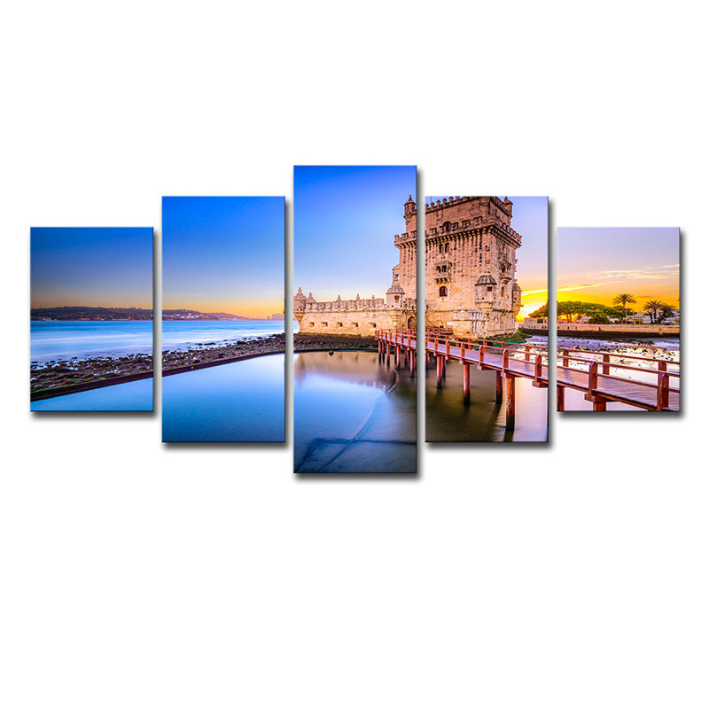 Belem Tower Scenery Wall Decor in Blue Canvas Art Print for Bedroom, Multi-Piece