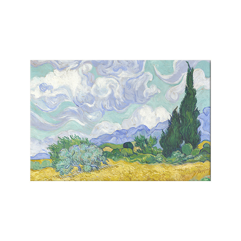 Wheatfield with Cypress Tree Painting Rustic Picturesque Scenery Wall Art Print in Purple