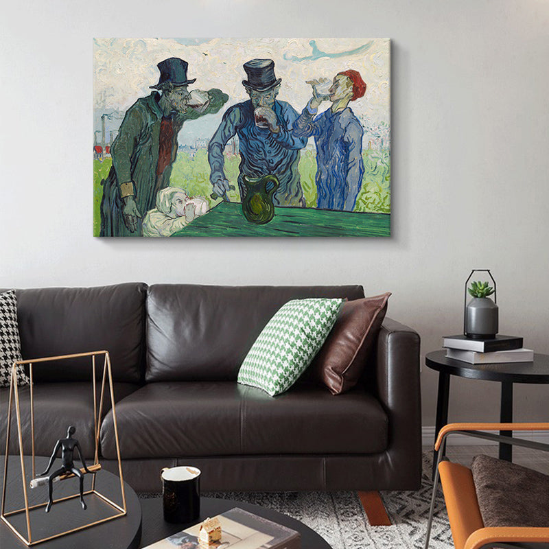 Canvas Textured Wall Art Farmhouse Style Van Gogh the Drinkers Painting in Blue-Green