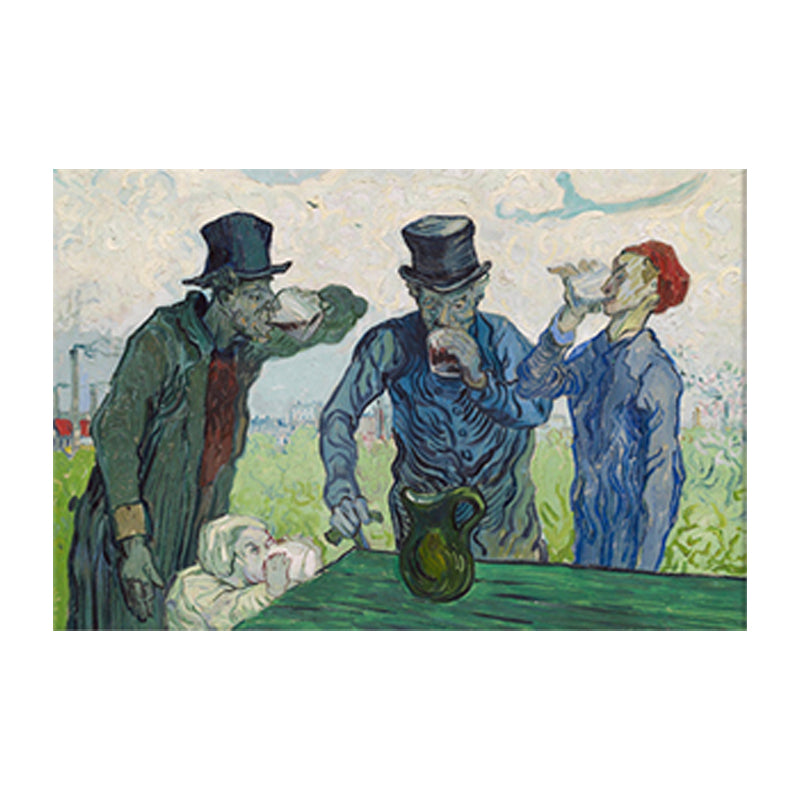 Canvas Textured Wall Art Farmhouse Style Van Gogh the Drinkers Painting in Blue-Green