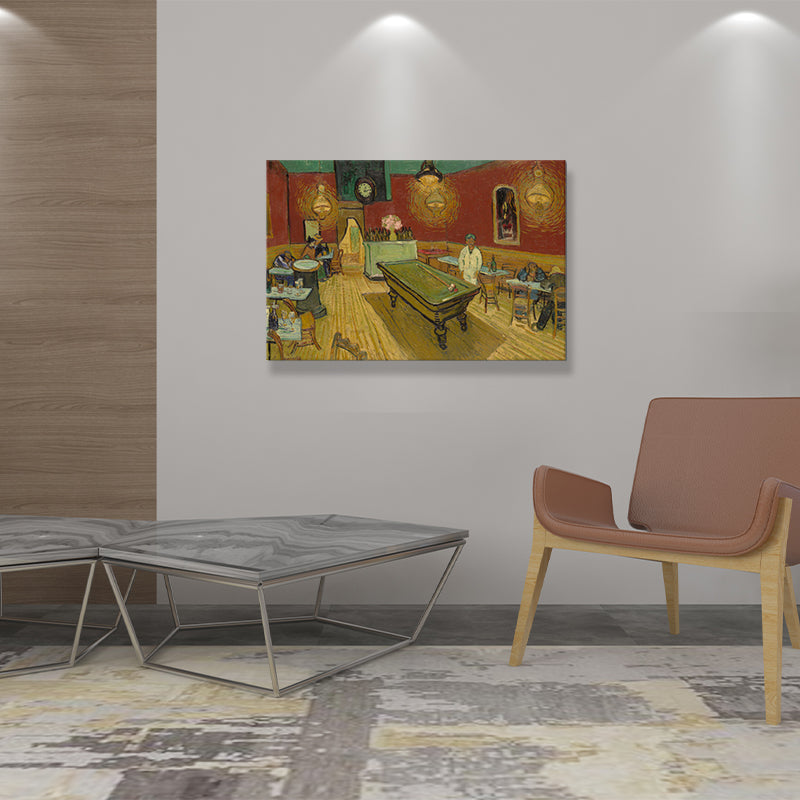 Night Cafe Interior Painting Canvas Print Country Style Textured Wall Art in Yellow