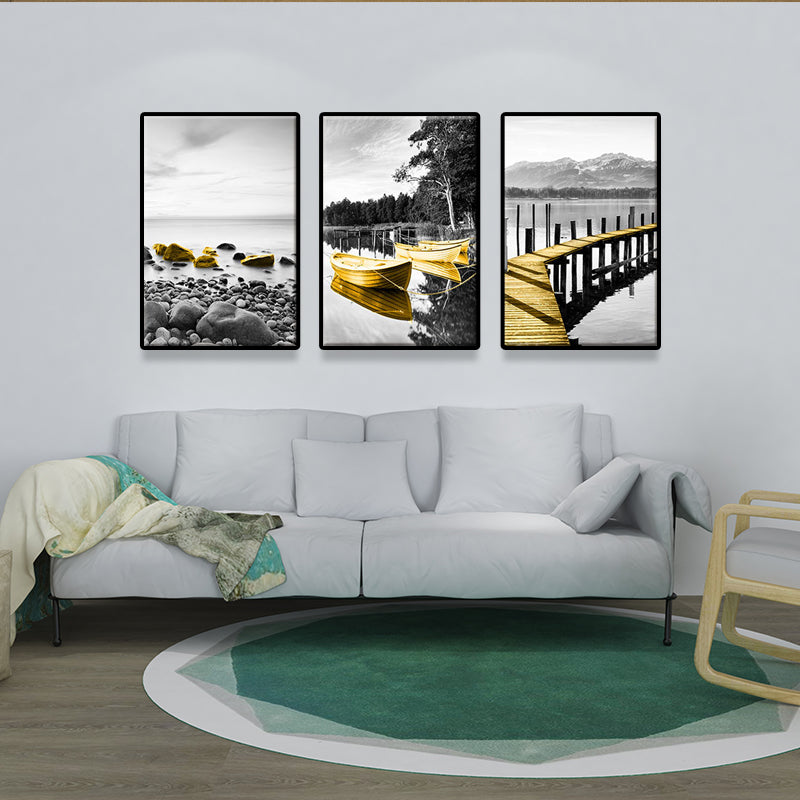 Shore Landscape Wall Art Decor in Gold Tropix Canvas Print for Living Room, Set of 3