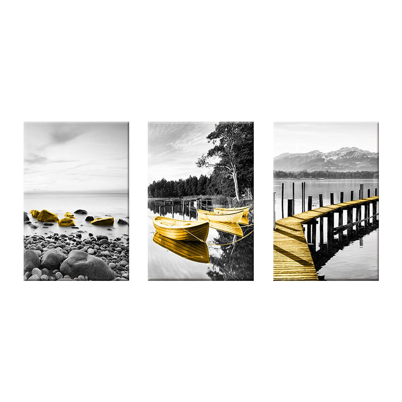 Shore Landscape Wall Art Decor in Gold Tropix Canvas Print for Living Room, Set of 3