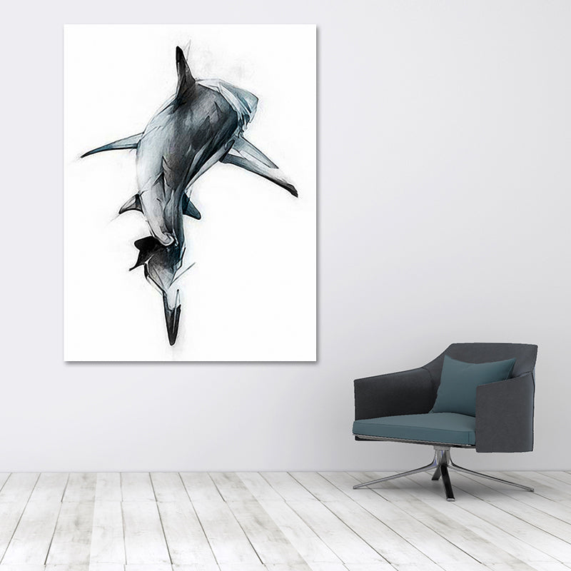 Marine Life Shark Wall Art Dark Color Canvas Painting for Sitting Room, Textured