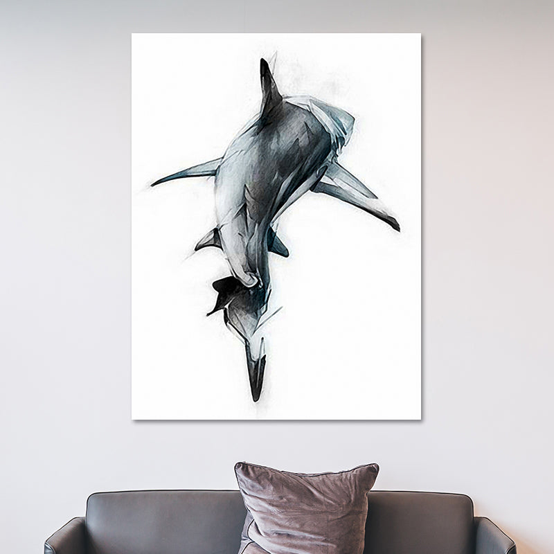 Marine Life Shark Wall Art Dark Color Canvas Painting for Sitting Room, Textured