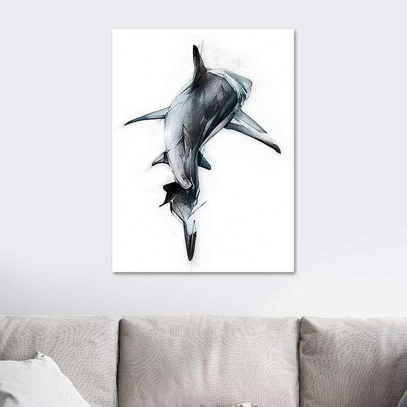 Marine Life Shark Wall Art Dark Color Canvas Painting for Sitting Room, Textured