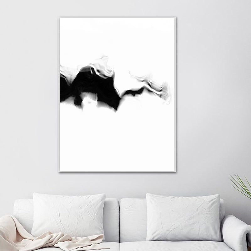 Minimalistic Smoke Painting Black and White Textured Wall Art Print for Living Room