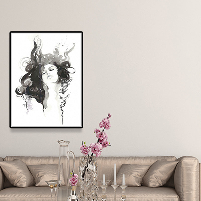 Black Curly Girl Canvas Art Figure Painting Minimalist Textured Wall Decor for Home