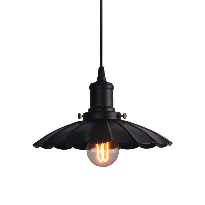 Black Scalloped Hanging Lamp Vintage Industrial Metal 1 Bulb Indoor Ceiling Light Fixture, 10"/12" Diameter