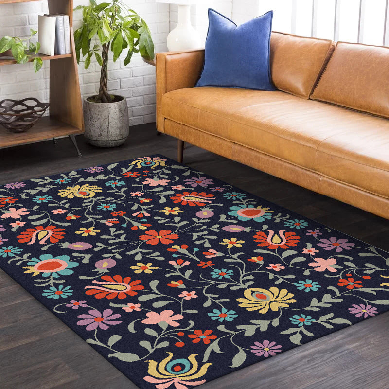 Klassischer Blumenmuster Teppich mit Blatt Navy Polyester Teppichmaschine Waschbarer nicht rutscher Fläche für Schlafzimmer