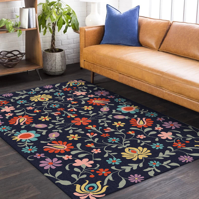 Classic Floral Pattern Rug with Leaf Navy Polyester Rug Machine Washable Non-Slip Area Rug for Bedroom