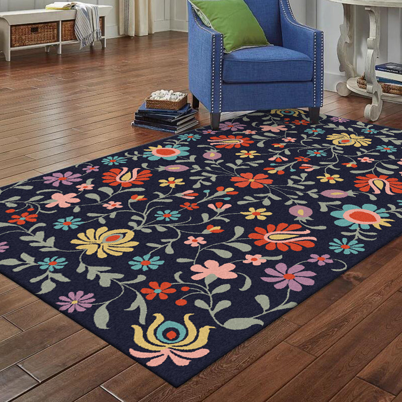 Classic Floral Pattern Rug with Leaf Navy Polyester Rug Machine Washable Non-Slip Area Rug for Bedroom