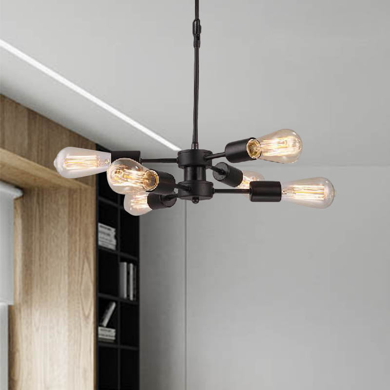 6 Heads Chandelier Lamp with Exposed Bulb Antique Style Black Metal Ceiling Pendant Lamp over Table