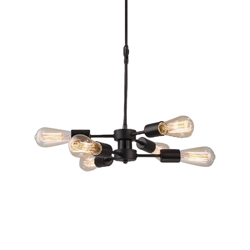 6 Heads Chandelier Lamp with Exposed Bulb Antique Style Black Metal Ceiling Pendant Lamp over Table