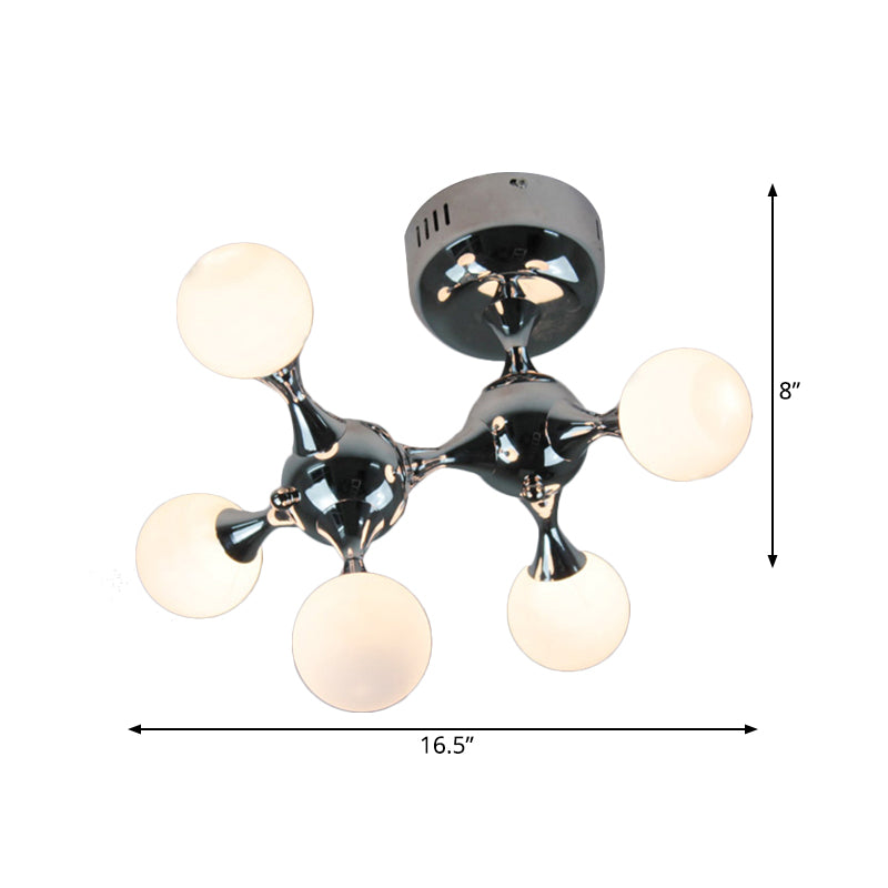 Chrome Finish Molecular Semi Flush Lighting Modern Style 5 Bulbs Metal Ceiling Lamp with Opal Glass Ball Shade