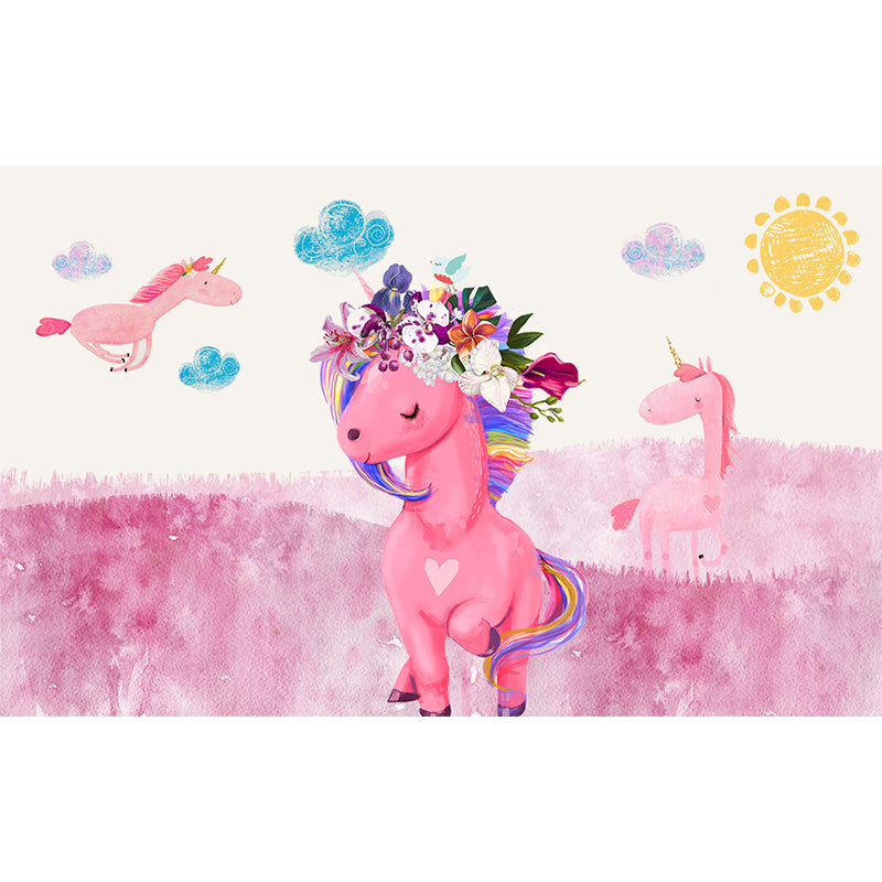 Standing Unicorn Mural Children's Art Non-Woven Cloth Wall Covering in Pastel Color