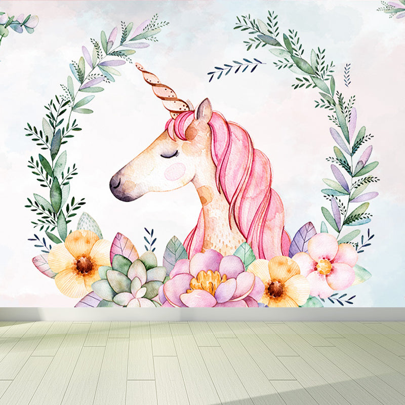 Standing Unicorn Mural Children's Art Non-Woven Cloth Wall Covering in Pastel Color