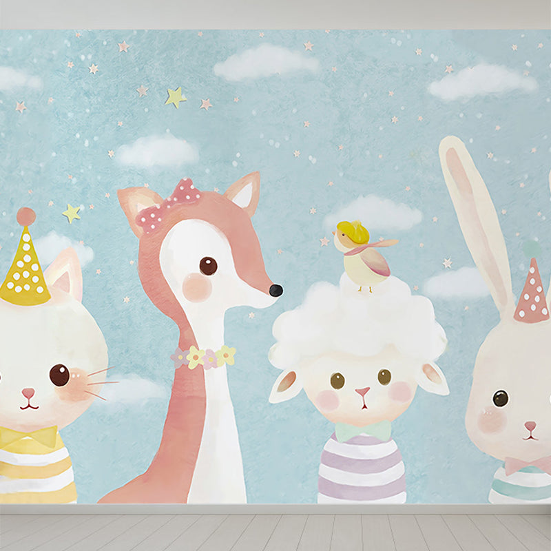 Giant Children's Art Wall Mural in Pastel Color Cartoon Animals Wall Decor, Custom Printed