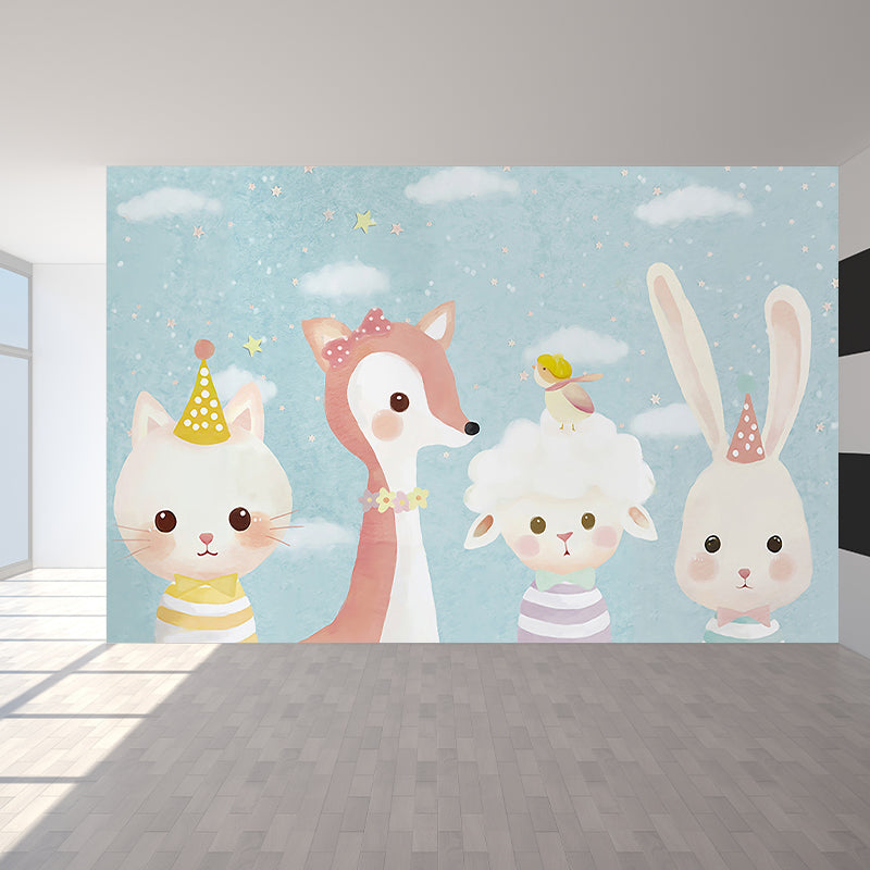 Giant Children's Art Wall Mural in Pastel Color Cartoon Animals Wall Decor, Custom Printed