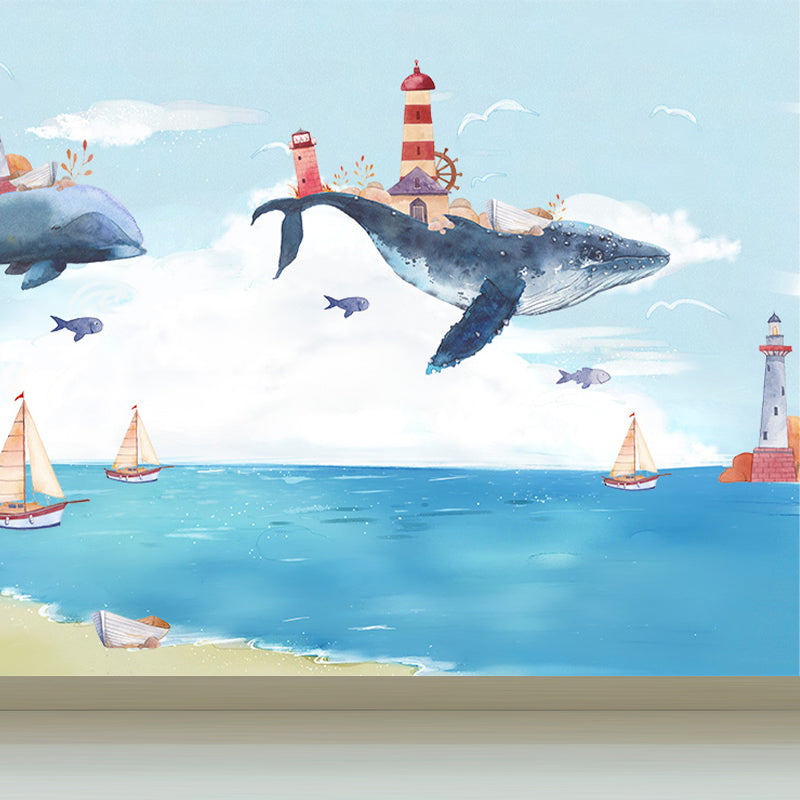 Whale and Boat Wall Mural Children's Art Decorative Kids Bedroom Wall Covering, Custom